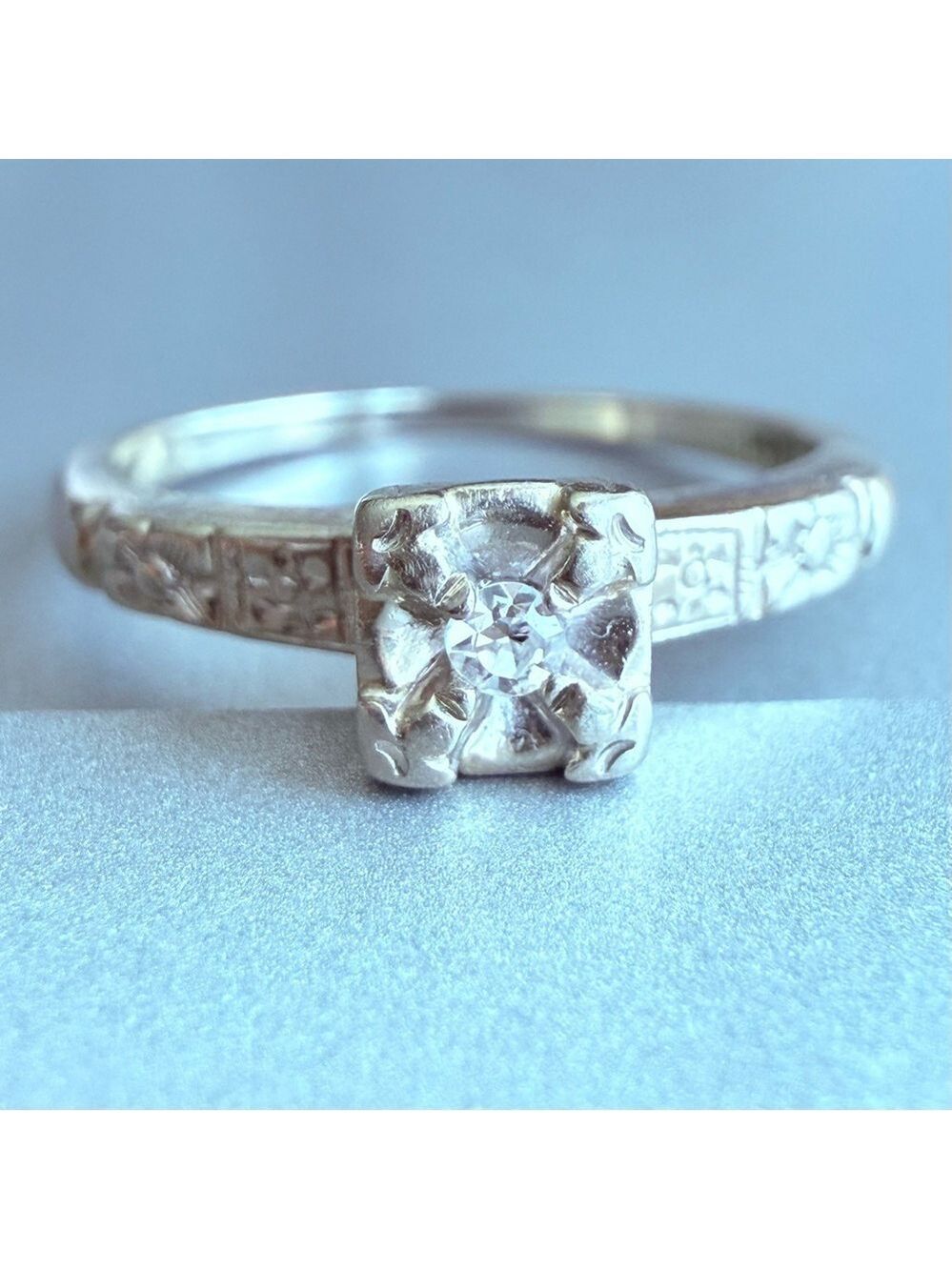 Art Deco Retro 14k White Gold Natural Diamond Solitaire Ornate Square Ri…